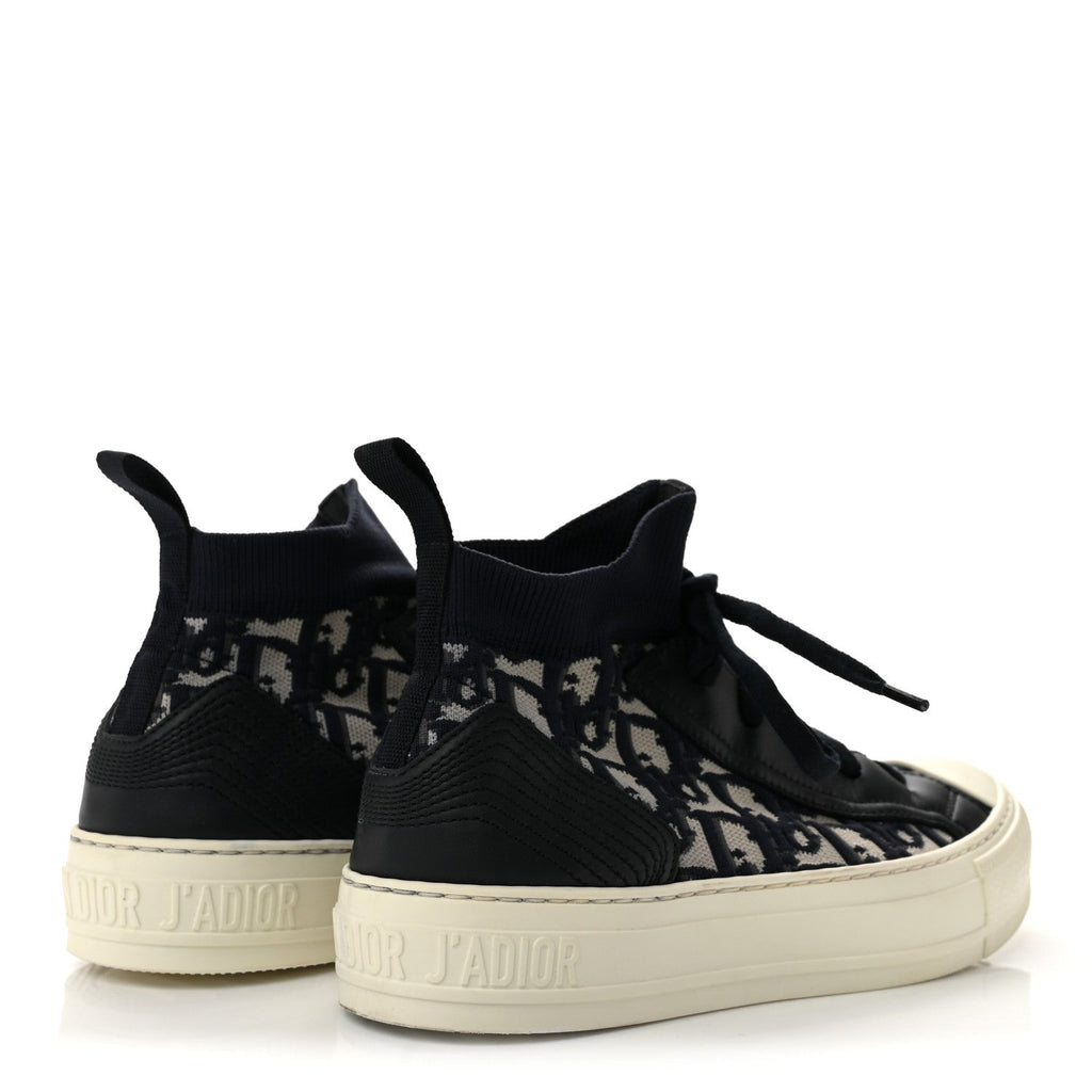 Technical Knit Calfskin Oblique Womens Walk'n Dior Mid Top Sneakers 36.5 Deep Blue