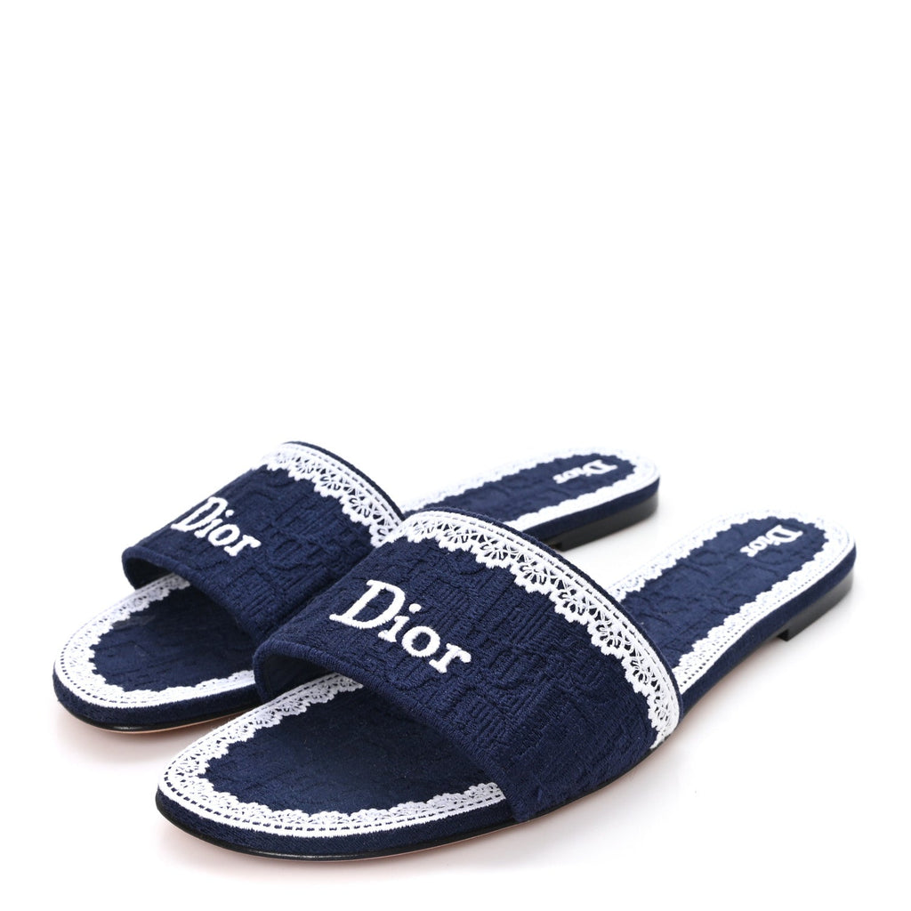 Oblique Embroidered Cotton Lace Dentelle Flat Slide Sandals 39 Navy Blue White