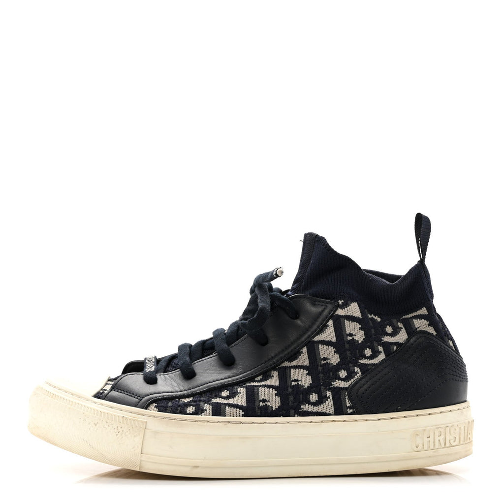Technical Knit Calfskin Oblique Womens Walk'n Dior Mid Top Sneakers 35 Deep Blue