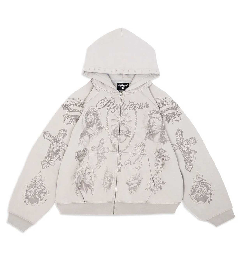 Righteous Tattoo Zip Up Hoodie Grey