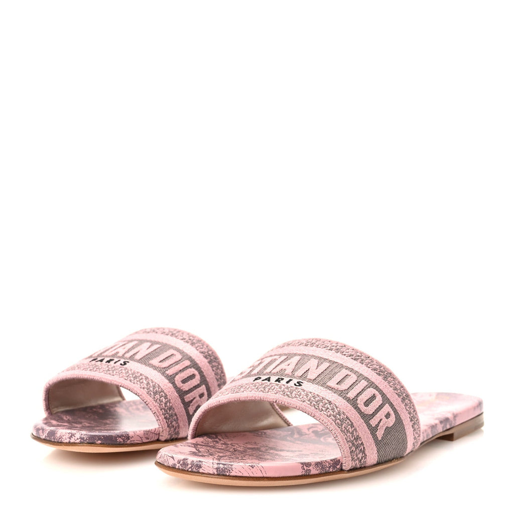 Canvas Toile De Jouy Embroidered Dway Flat Slide Sandals 36 Chateau Rose