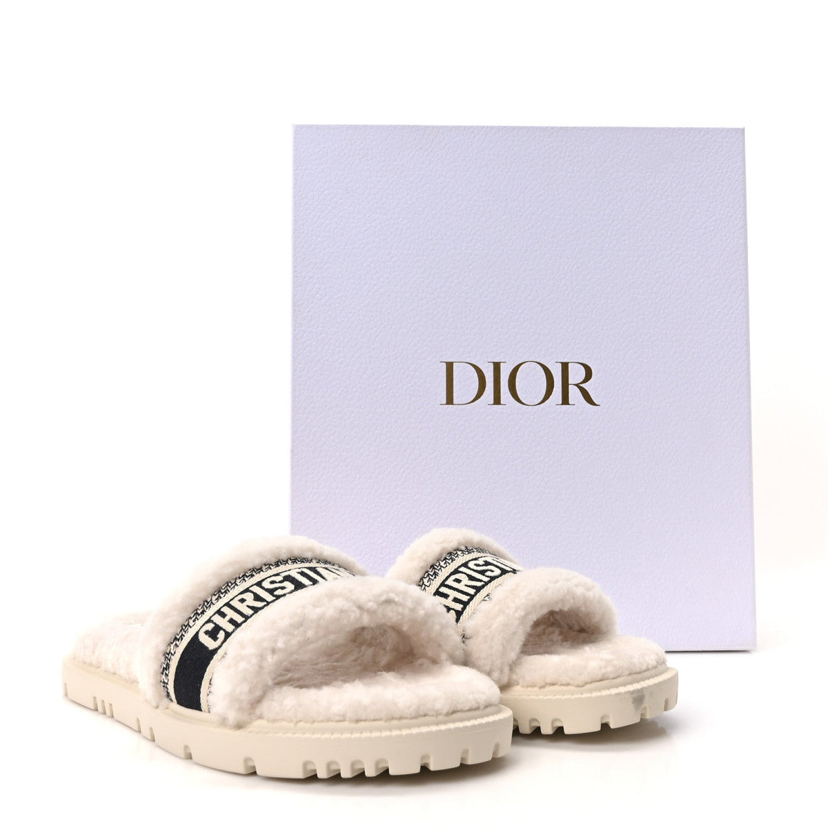 Shearling Canvas Embroidered Dway 10mm Slide Sandals 39 Natural Deep Blue
