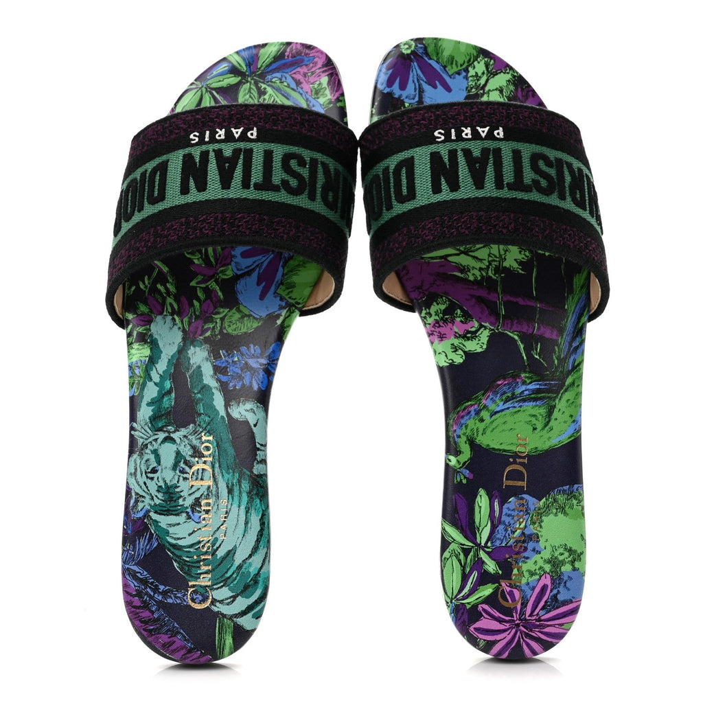 Canvas Toile de Jouy Voyage Embroidered Dway Flat Slide Sandals 36.5 Purple Multicolor